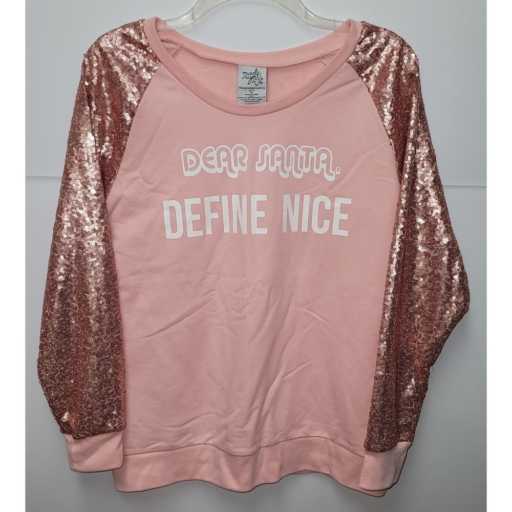 Made‎ Right Pink Sequin Sleeve Sweatshirt Dear Santa Barbiecore XL Softgirl Y2K